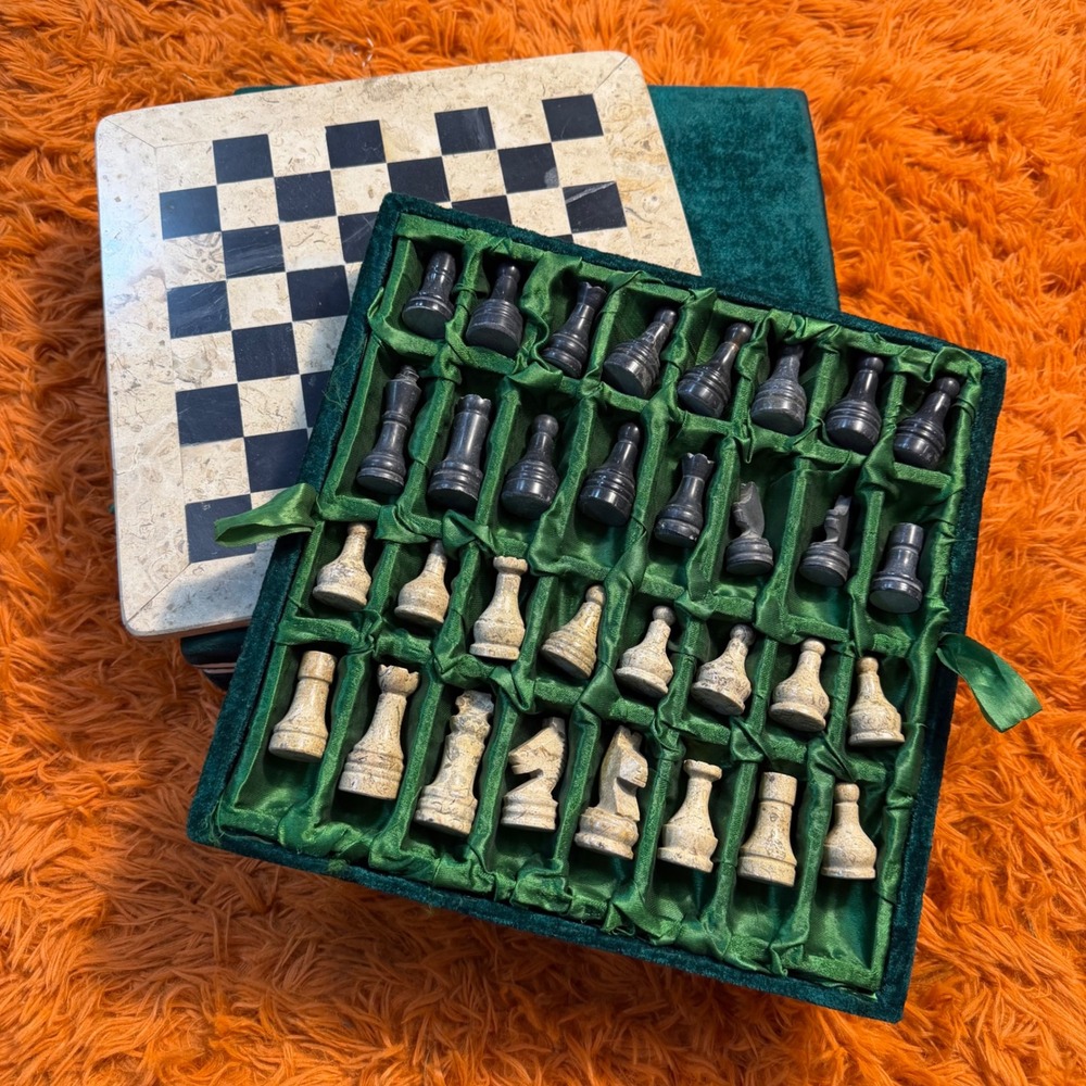 Vintage Marble Chess Set with Hand Carved Stone Pieces and Velvet Case